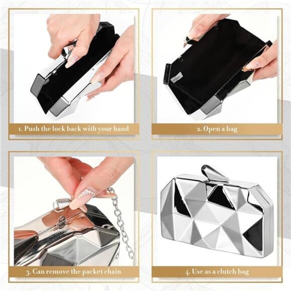 SILVER 5 Pc Clutch Purse for Women Evening Prom Metallic Clutch W/ Jewelry Set - Picture 4 of 7